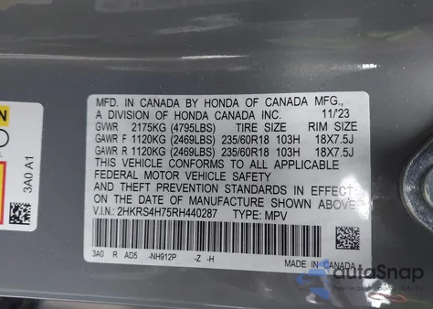 2024 Honda Cr-V Ex-L Awd from USA, damaged, VIN 2HKRS4H75RH440287